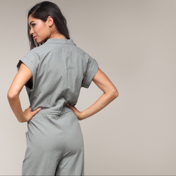 Olive Cargo Jumpsuit, Short Sleeve Tie Waist - Picture 4 of 5